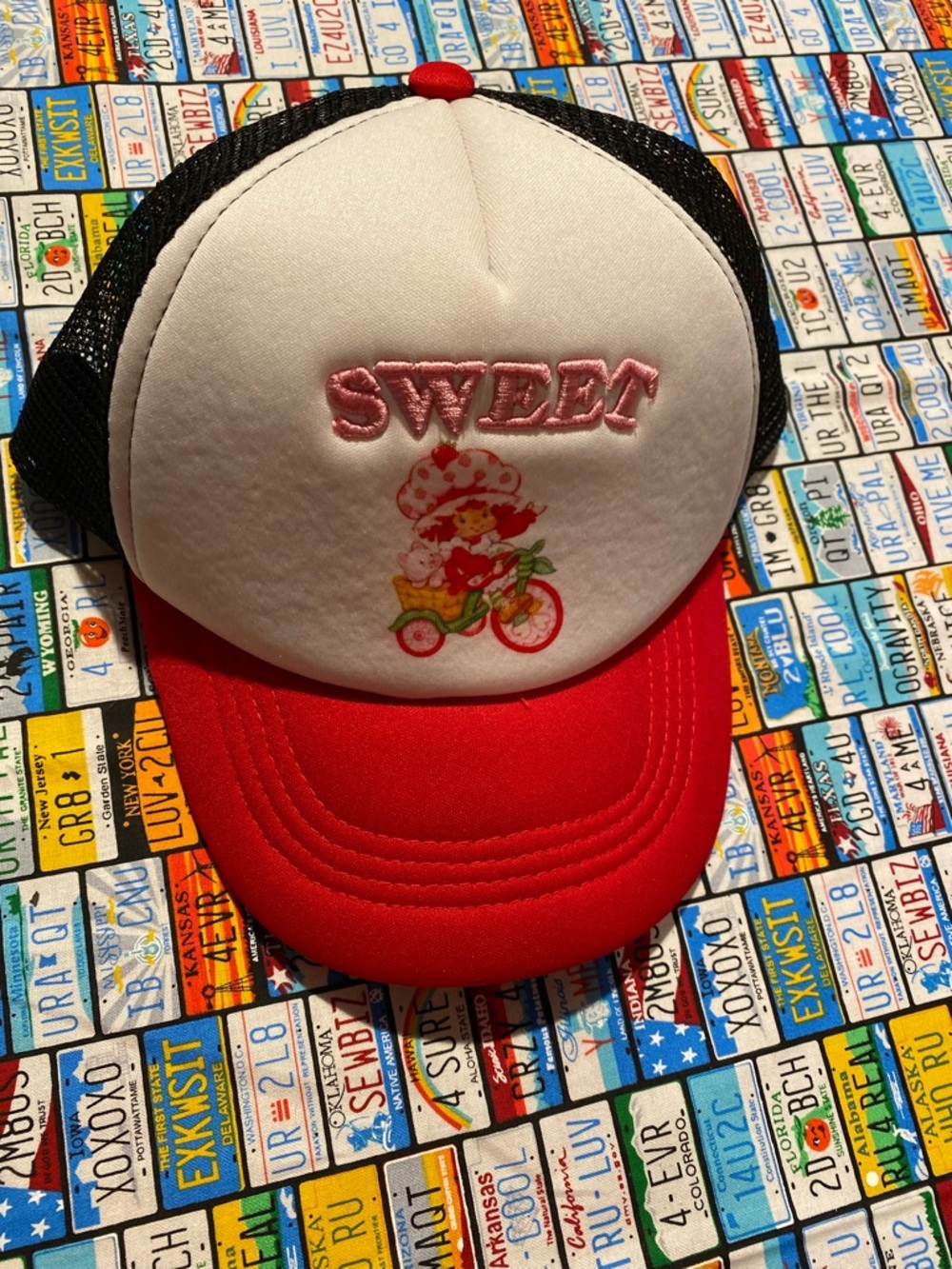 Sweet Embroidered Trucker Hat - Red & White